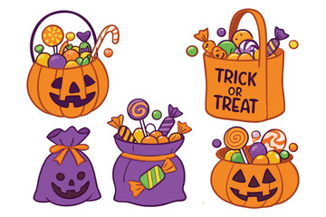 Colorful Halloween candy collection featuring pumpkin and trick or treat bags filled with sweets 
