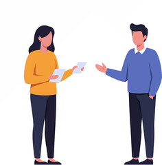 Fototapeta premium Two People in Business Attire Interacting with Documents Vector Illustration.
