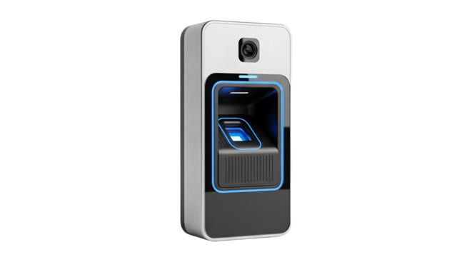 Modern Contactless Fingerprint Scanner Device with Blue LED Lighting in White and Black Finish