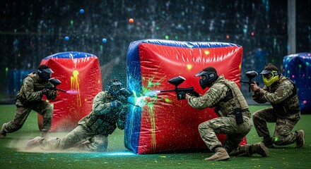 Group of Tactical Soldiers Wearing Camouflage Playing Paintball Outdoors on Green Field