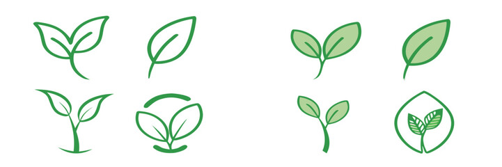 Collection of green leaf icons representing nature, growth, and sustainability concepts 
