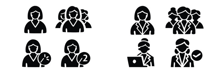 Businesswoman glyph icon set for corporate user profiles, team management, and employee status symbols 
