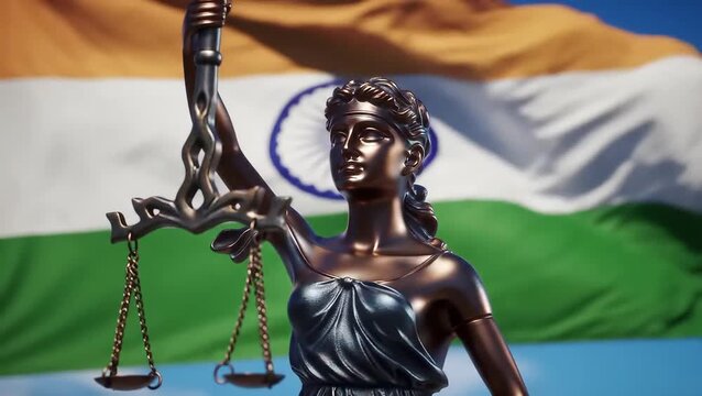 Lady Justice Statue with Indian Flag Background, Symbol of Law, Equality and Legal Fairness in National Context