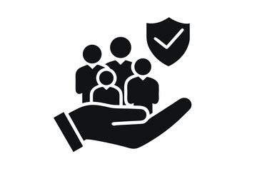 Illustration of a hand supporting people with a shield representing protection and security 
