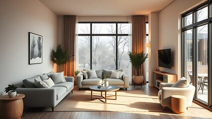 Modern living room with minimalist decor and warm lighting, creating a cozy and inviting home atmosphere.