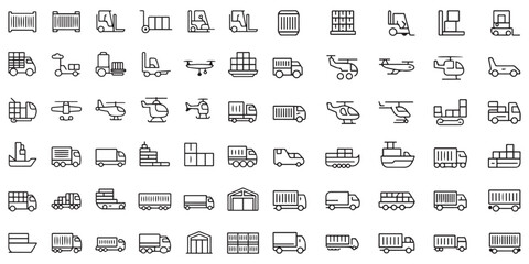 Emergency, Utility & Commercial Vehicle Line Icons Set. Including ambulance, fire truck, police car, delivery van and more. Vector illustration. Editable modern stroke