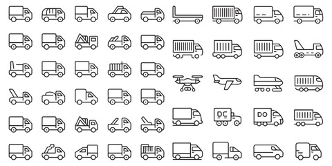 Transport Line Icon Set – Diverse Vehicle and Mobility Symbols. Including car, bus, truck, van, pickup, taxi, ambulance and more. Vector illustration. Editable modern stroke © mjkdesigns