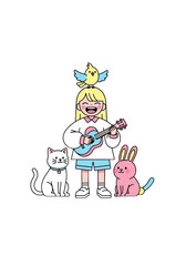 Fototapeta premium Cute Flat Vector Illustration of Girl Playing Music With Pets