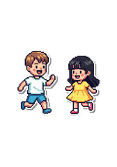 Happy Pixel Art Children Running and Playing