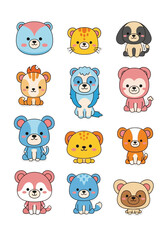 Obraz premium Adorable Flat Cartoon Animals Vector Sticker Collection