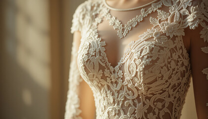Fototapeta premium Elegant Wedding Dress with Intricate Floral Lace Detailing on Bride