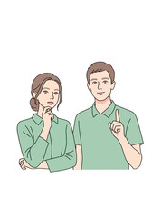 Obraz premium Thoughtful Couple Brainstorming Idea Minimal Flat Vector