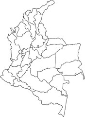A blank vector map of Colombia showing its departmental borders. The map features clear, distinct outlines for each of Colombia's administrative divisions, making it ideal for educational purposes