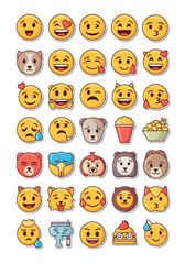 Diverse Flat Cartoon Emoji and Emoticon Sticker Set