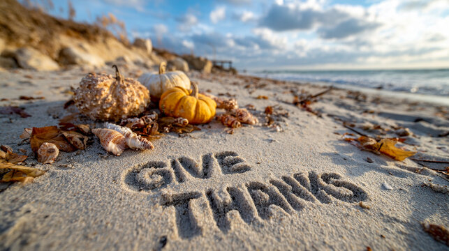 Give Thanks Message in Sand with Wide Cinematic Horizon and Autumn Beach Atmosphere – ideal for festive wall art - Powered by Adobe