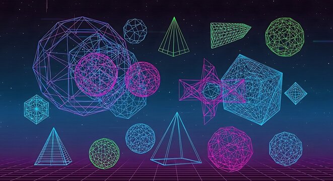 Futuristic geometric shapes float across a glowing cosmic backdrop