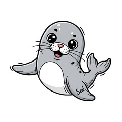 Obraz premium Cute cartoon seal character waving flippers
