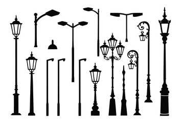 Collection of various street lamp silhouettes in black showcasing diverse designs and styles 
