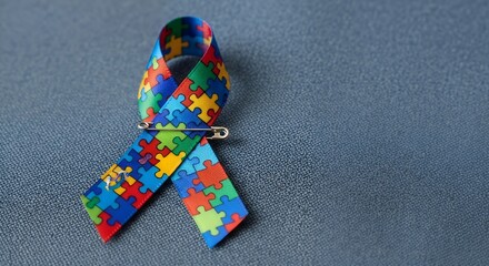 Colorful Puzzle Piece Ribbon Autism Awareness Symbol on Blue Background