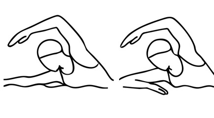 Minimalist black and white line art illustration of a swimmer in freestyle stroke position, two outline figures side by side, faceless simple line drawing, white background.