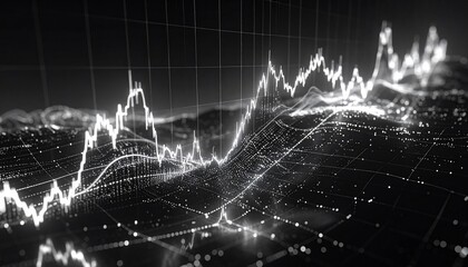 A grayscale representation of complex financial data, showcasing fluctuating trends and intricate network structures.