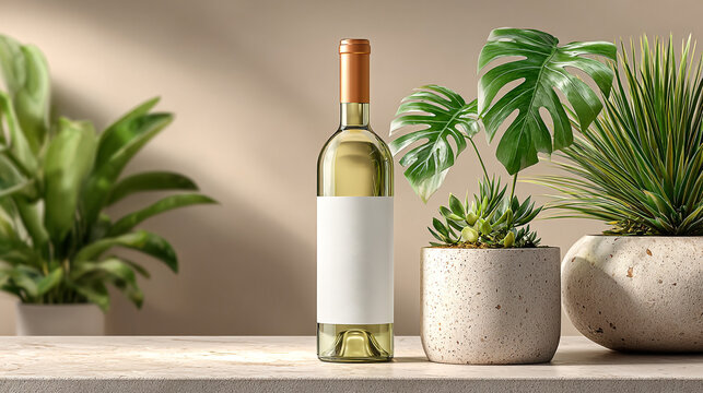 Elegant wine bottle mockup with white label and decor.
