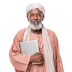 Warm North African Elderly Man with Tablet on Transparent Background