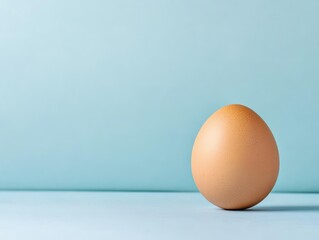 Fototapeta premium Single brown egg standing upright on a flat surface with a plain light blue background, minimalist composition, clean simple style, high resolution