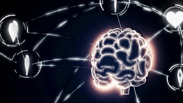 Futuristic video concept of a glowing brain with digital connections. Top-down angle highlights neural pathways and tech-inspired elements. - Powered by Adobe