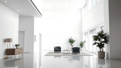 A modern office lobby interior with clean white walls and simple furnishings.