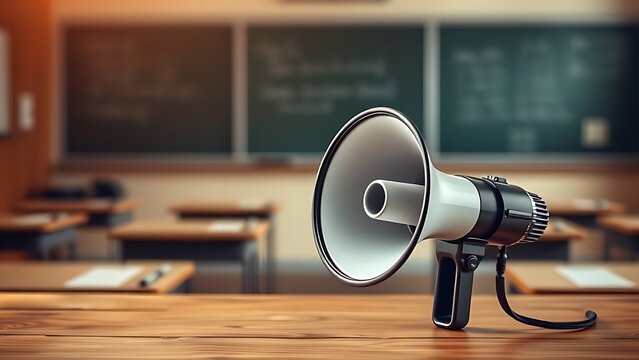 A megaphone sits on a wooden surface, with a softly blurred classroom in the background.