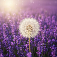 Dandelion Seed Head in Blooming Lavender Field with Sunlight and Floating Seeds