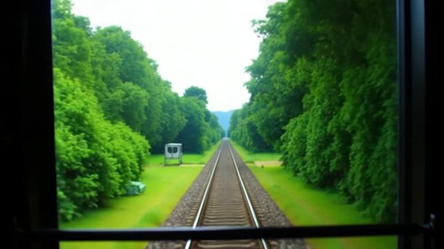 A serene view from a train window showcasing lush greenery and railway tracks, inviting travelers to appreciate the journey ahead.