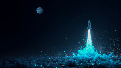 Futuristic rocket launching into the dark night sky with a bright blue flame and moon in the background