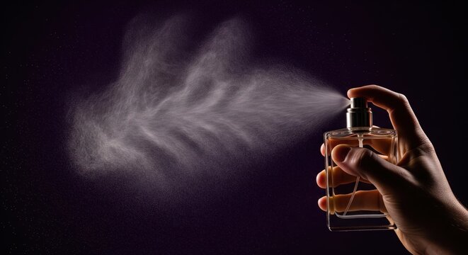 A hand holding a clear glass perfume bottle, spraying a mist of perfume into the air.  A plume of light spray fills the space around the bottle, against a dark purple background