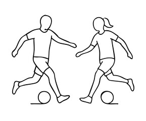 Minimalist line art illustration of a soccer player kicking a ball, two outline figures side by side