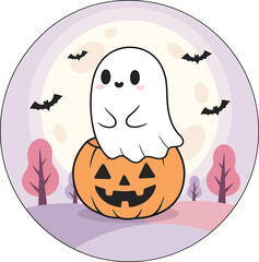 Halloween Vector Illustration &ndash; Spooky Pumpkin, Ghost, Witch, Haunted House, Skeleton, Black Cat, Flat Cartoon Design
