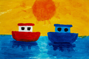 Two colorful cartoon boats float on the blue ocean under a bright orange sun