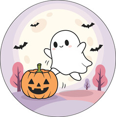 Halloween Vector Illustration &ndash; Spooky Pumpkin, Ghost, Witch, Haunted House, Skeleton, Black Cat, Flat Cartoon Design