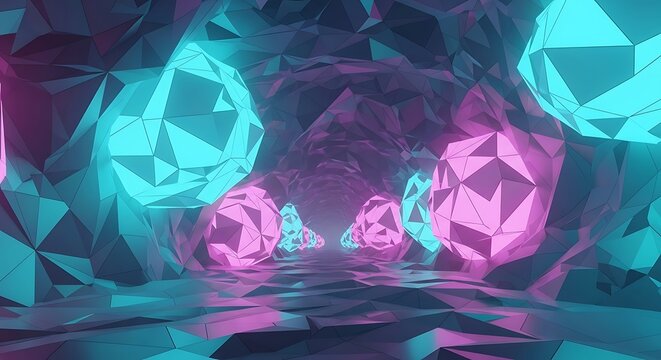 A vibrant, low-poly, geometric cave with glowing spheres and reflective surfaces. - Powered by Adobe