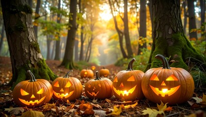 Jack-o'-lanterns in autumn forest