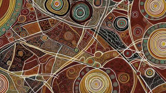 Abstract design with circles, lines, and dot patterns, earthy tones.