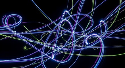 Abstract artwork featuring vibrant, swirling light trails against a dark background, creating a dynamic visual.