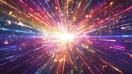 カラフルな光と粒子が爆発する、輝く放射状のデザイン