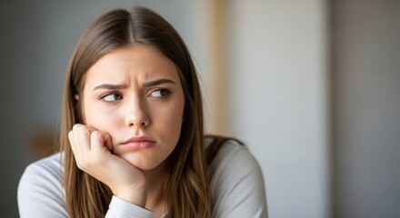 Portrait of a young woman with a concerned expression sitting in a blurred background with her hand