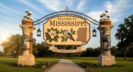 Welcome Sign with Ornate Columns and Scenic Green Landscape in Mississippi State Park