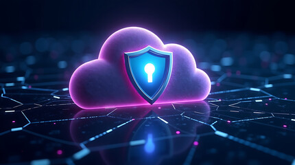 Digital Cloud Icon with a Shield Symbol for Data Security

