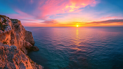 cliff with sunset over the sea and colorful sky
