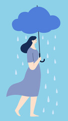 Mental Health Illustration of Woman Walking with Rain Cloud Umbrella Symbolizing Sadness and Depression