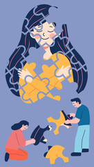 Mental Health Illustration of Woman as Puzzle with People Helping to Rebuild Self Identity